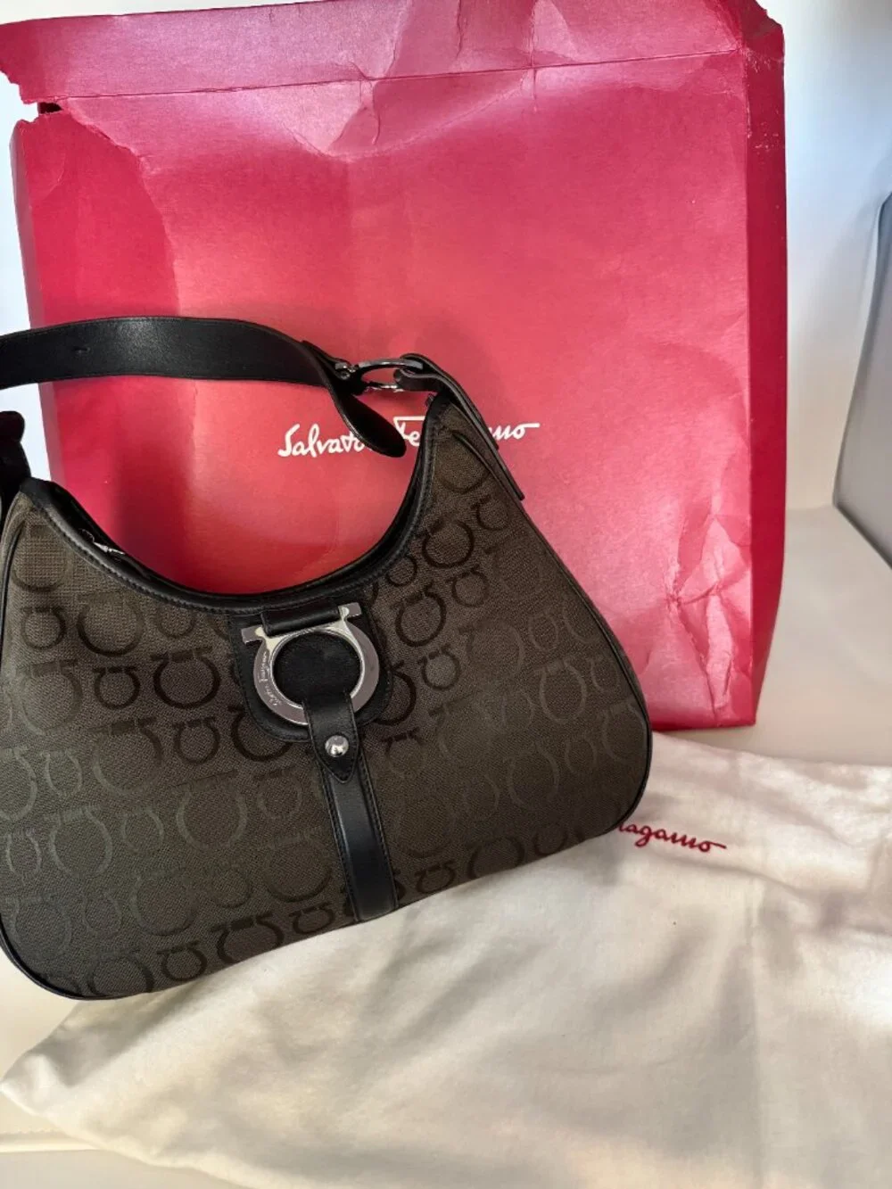 Salvatore Ferragamo Gancini Brown Jacquard Shoulder Bag | Made in Italy | Box &